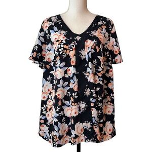 Lane Bryant Short‎ Sleeve Popover Floral Shirt Top Women SZ 14 Navy Multi Casual